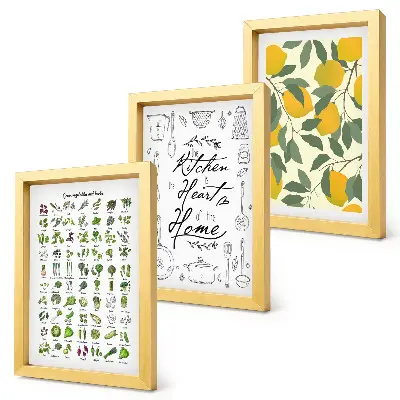 Conjunto de molduras com imagens com lista de ervas, placa de cozinha e limões pintados
