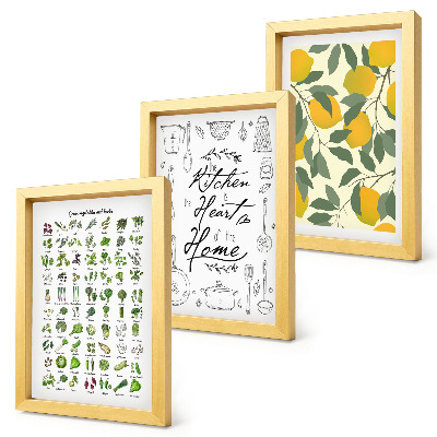 Conjunto de molduras com imagens Lista de ervas, placa de cozinha e limões pintados.
