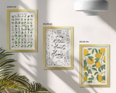 Conjunto de molduras com imagens Lista de ervas, placa de cozinha e limões pintados.
