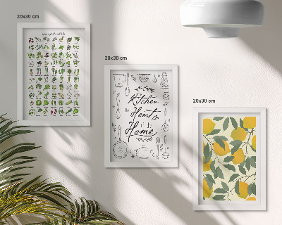Conjunto de molduras com imagens Lista de ervas, placa de cozinha e limões pintados.