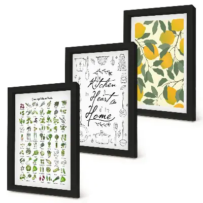 Conjunto de molduras com imagens com lista de ervas, placa de cozinha e limões pintados