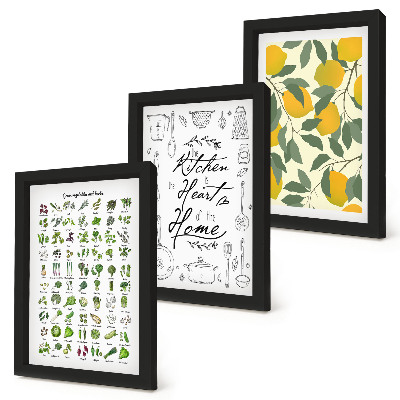 Conjunto de molduras com imagens Lista de ervas, placa de cozinha e limões pintados.