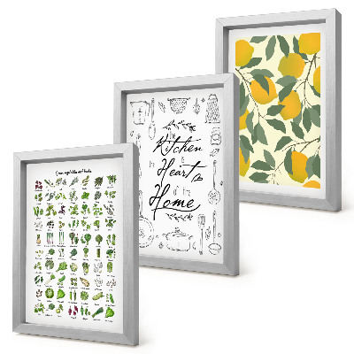 Conjunto de molduras com imagens Lista de ervas, placa de cozinha e limões pintados.