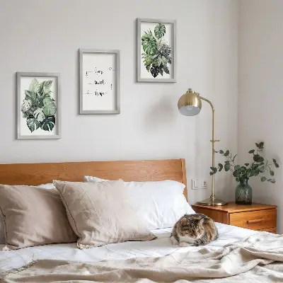 Conjunto de 3 quadros decorativos com estampa de folhas de monstera em aquarela Lar Doce Lar