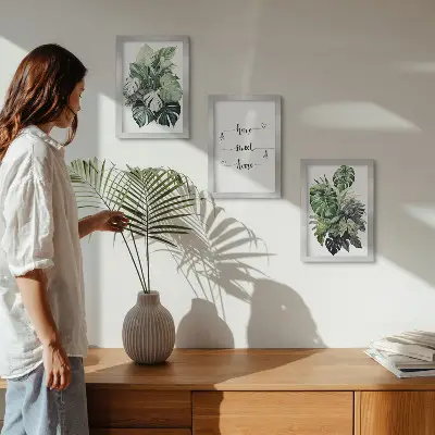Conjunto de 3 quadros decorativos com estampa de folhas de monstera em aquarela Lar Doce Lar