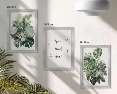 Conjunto de 3 quadros decorativos com estampa de folhas de monstera em aquarela Lar Doce Lar