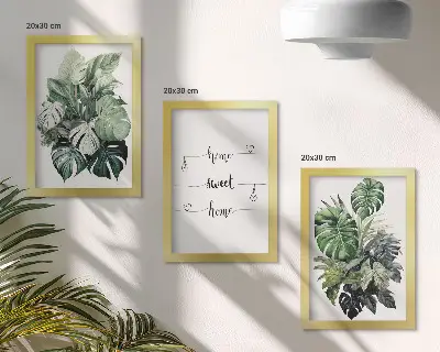 Conjunto de 3 quadros decorativos com estampa de folhas de monstera em aquarela Lar Doce Lar