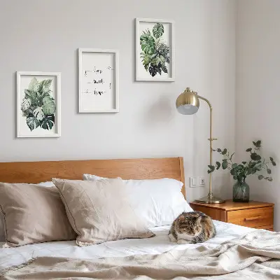 Conjunto de 3 quadros decorativos com estampa de folhas de monstera em aquarela Lar Doce Lar