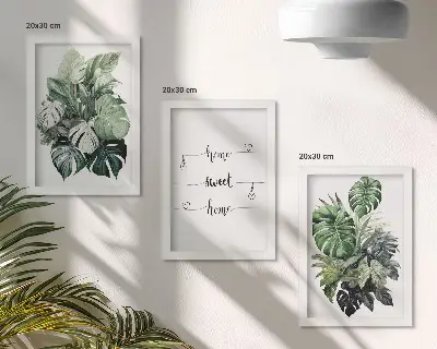 Conjunto de 3 quadros decorativos com estampa de folhas de monstera em aquarela Lar Doce Lar