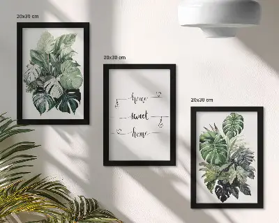 Conjunto de 3 quadros decorativos com estampa de folhas de monstera em aquarela Lar Doce Lar