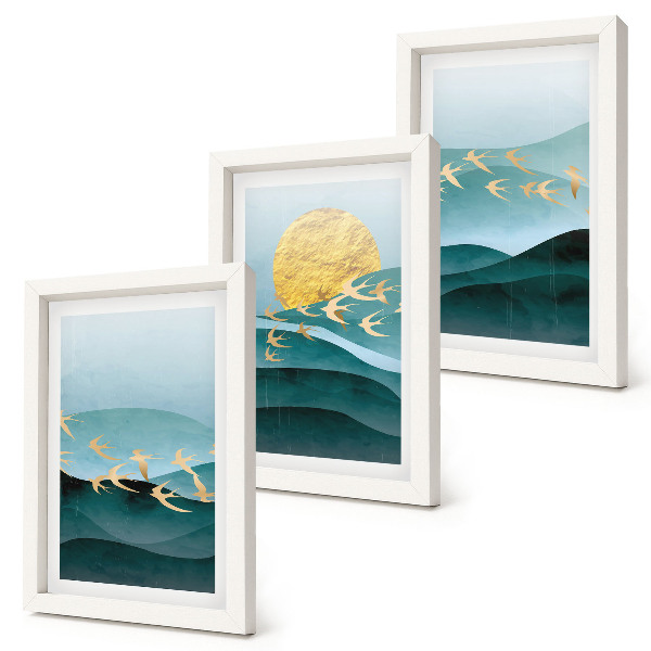 Conjunto de molduras com imagens Paisagens abstratas de ondas solares e pássaros voando.