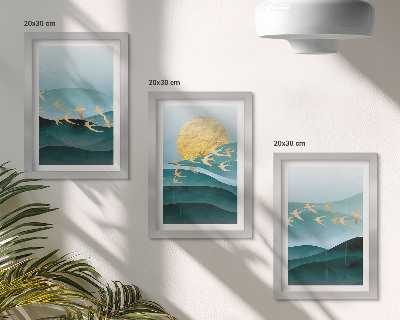 Conjunto de molduras com imagens Paisagens abstratas de ondas solares e pássaros voando.