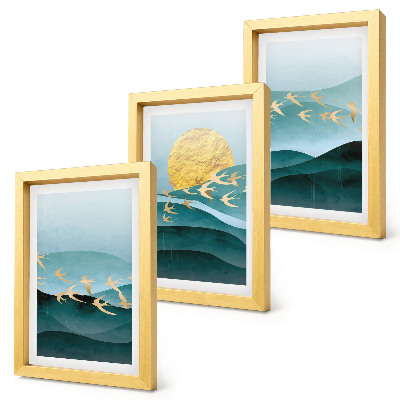 Conjunto de molduras com imagens Paisagens abstratas de ondas solares e pássaros voando.