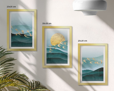 Conjunto de molduras com imagens Paisagens abstratas de ondas solares e pássaros voando.