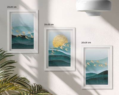 Conjunto de molduras com imagens Paisagens abstratas de ondas solares e pássaros voando.