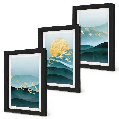 Conjunto de molduras com imagens Paisagens abstratas de ondas solares e pássaros voando.