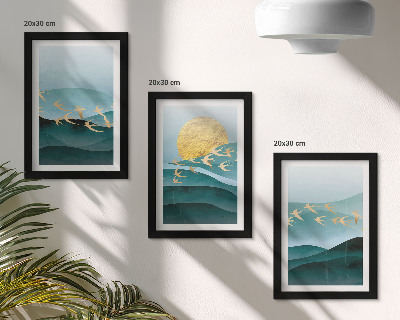 Conjunto de molduras com imagens Paisagens abstratas de ondas solares e pássaros voando.