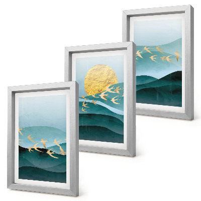 Conjunto de molduras com imagens Paisagens abstratas de ondas solares e pássaros voando.