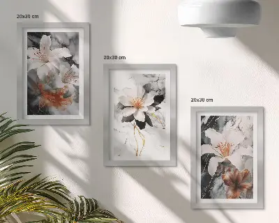 Conjunto de 3 quadros decorativos com estampas de flores sobre fundo de mármore em tons de branco e preto