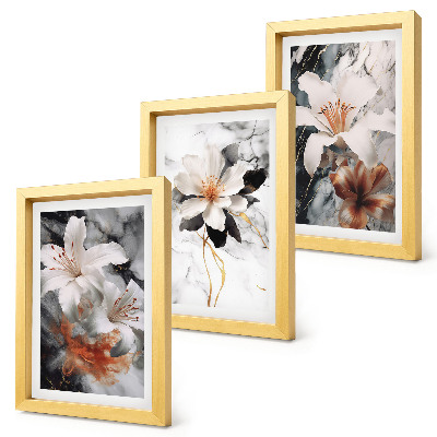 Conjunto de 3 quadros decorativos Flores sobre fundo de mármore em tons de branco e preto.