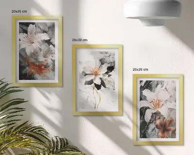 Conjunto de 3 quadros decorativos com estampas de flores sobre fundo de mármore em tons de branco e preto
