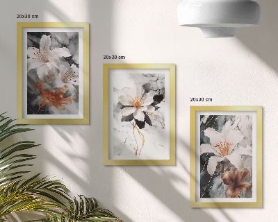Conjunto de 3 quadros decorativos Flores sobre fundo de mármore em tons de branco e preto.
