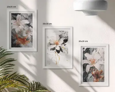 Conjunto de 3 quadros decorativos com estampas de flores sobre fundo de mármore em tons de branco e preto