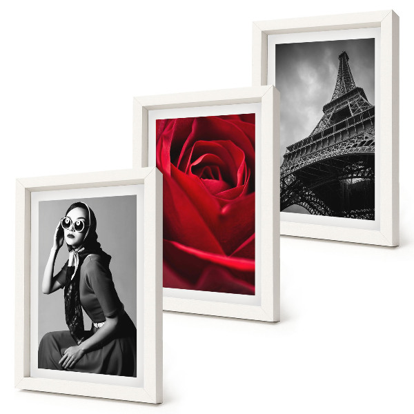 Conjunto de molduras com imagens Mulher parisiense com óculos cor-de-rosa e a Torre Eiffel.