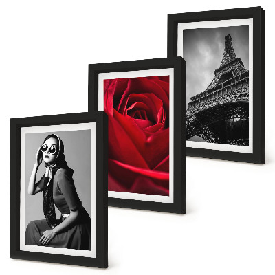 Conjunto de molduras com imagens Mulher parisiense com óculos cor-de-rosa e a Torre Eiffel.