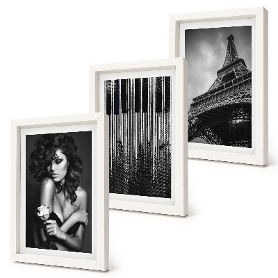 Tríptico com moldura Retrato de uma mulher com uma rosa, a Torre Eiffel e um padrão de piano