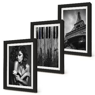 Tríptico com moldura Retrato de uma mulher com uma rosa, a Torre Eiffel e um padrão de piano