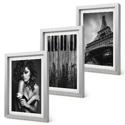 Tríptico com moldura Retrato de uma mulher com uma rosa, a Torre Eiffel e um padrão de piano