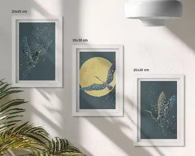 Conjunto de 3 quadros decorativos garças em voo com fundo de lua e estrelas