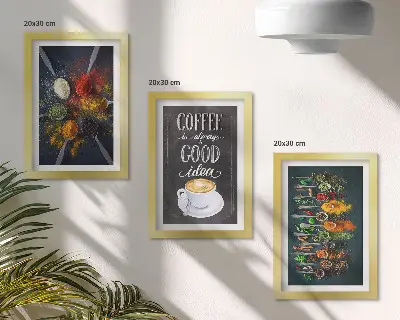 Tríptico com moldura café com especiarias e xícara de ervas aromáticas