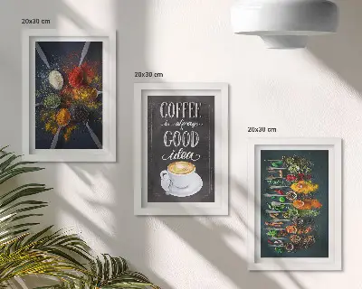 Tríptico com moldura café com especiarias e xícara de ervas aromáticas