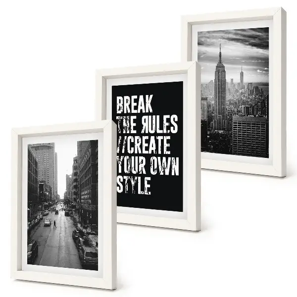 Conjunto de 3 quadros decorativos ruas da cidade em preto e branco com frase inspiradora