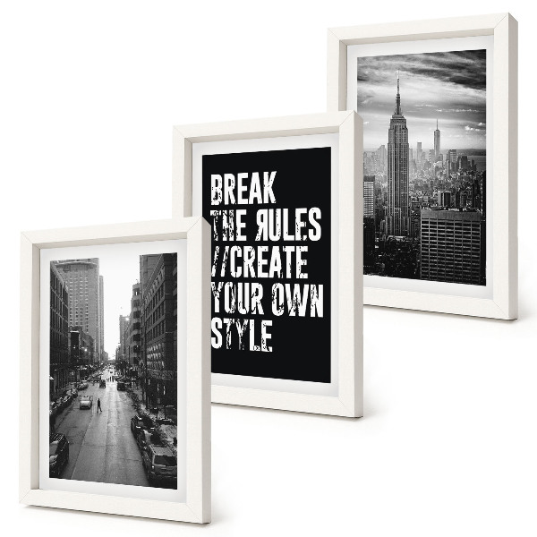 Conjunto de 3 quadros decorativos Ruas da cidade em preto e branco com uma inscrição inspiradora