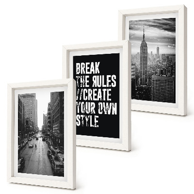 Conjunto de 3 quadros decorativos Ruas da cidade em preto e branco com uma inscrição inspiradora