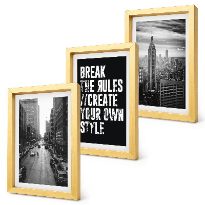 Conjunto de 3 quadros decorativos Ruas da cidade em preto e branco com uma inscrição inspiradora
