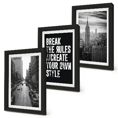 Conjunto de 3 quadros decorativos ruas da cidade em preto e branco com frase inspiradora