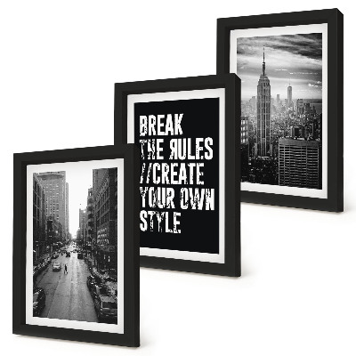 Conjunto de 3 quadros decorativos Ruas da cidade em preto e branco com uma inscrição inspiradora