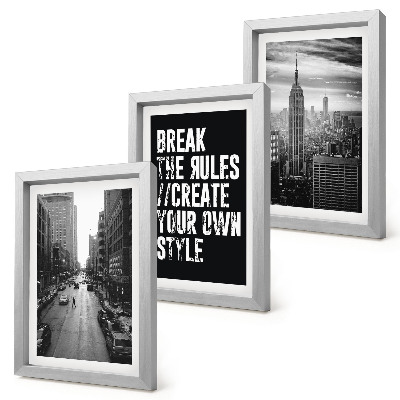 Conjunto de 3 quadros decorativos Ruas da cidade em preto e branco com uma inscrição inspiradora