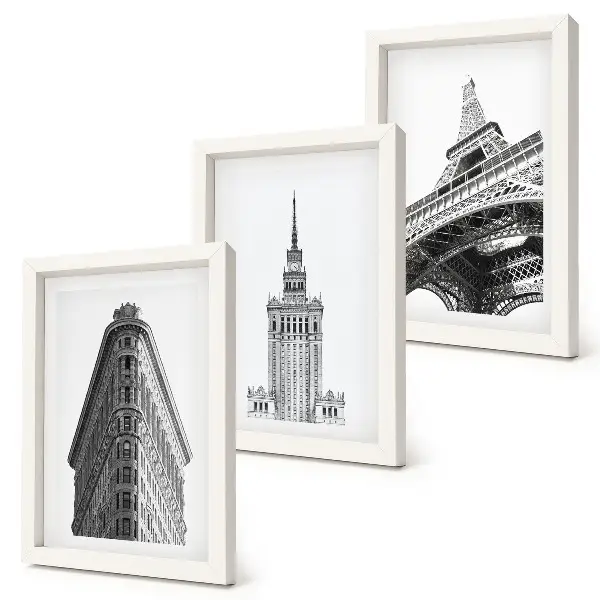 Conjunto de quadros com imagens edifícios arquitetônicos em estilo minimalista preto e branco
