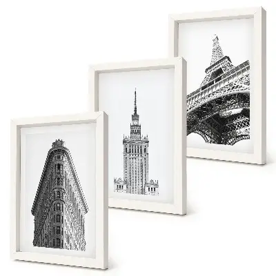 Conjunto de quadros com imagens edifícios arquitetônicos em estilo minimalista preto e branco