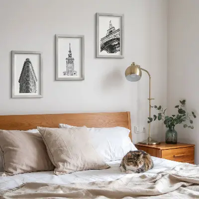 Conjunto de quadros com imagens edifícios arquitetônicos em estilo minimalista preto e branco