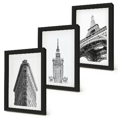 Conjunto de quadros com imagens edifícios arquitetônicos em estilo minimalista preto e branco