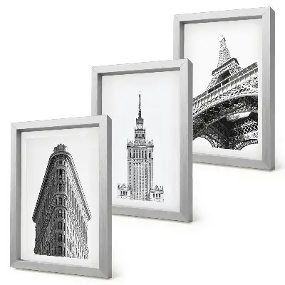 Conjunto de quadros com imagens edifícios arquitetônicos em estilo minimalista preto e branco