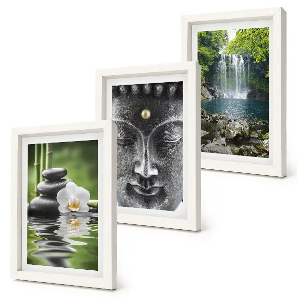 Tríptico com moldura quadro harmonia da natureza com pedras, água e buda