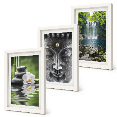 Tríptico com moldura Harmonia da natureza com pedras, água e Buda