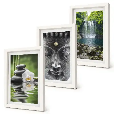 Tríptico com moldura quadro harmonia da natureza com pedras, água e buda